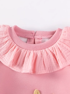 Haut en tricot rose pour fille avec col en gaze de coton à double volant et boutons