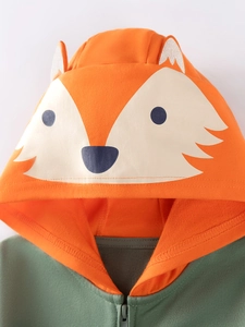 Toddler boys orange and green zip-up hoodie featuring cute fox ears and face design