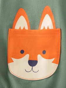 Green knit toddler hoodie featuring a cute 3D orange fox pocket and ear details