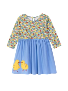 Robe fille en coton à fleurs avec jupe bleu clair et broderie de petits poussins