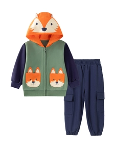 Boys fox hooded jacket and navy cargo pants two-piece cotton autumn tracksuit set
