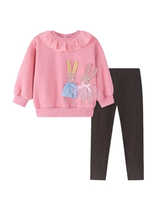 Haut en polaire rose à volants et patchs lapin avec legging gris foncé pour fille