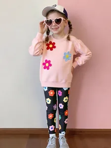 Toddler Girls Autumn Long Sleeve Pink Sweatshirt With 3D Flower Applique And Black Floral Print Leggings Kids Clothing Set