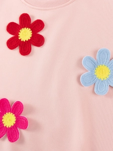 Pink girls knit sweatshirt with colorful 3D embroidered floral patches and ribbed collar