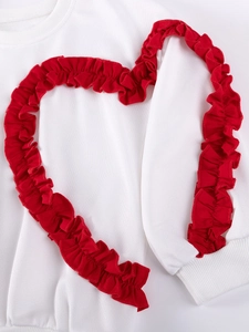 Girls white cotton sweatshirt with red ruffled heart and sleeve detailing