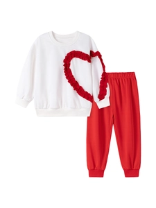 Cute white sweatshirt with red ruffled heart and matching red pants for young girls