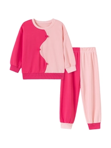 Cute pink long-sleeved children's set with wave pattern and 3D decorative buttons