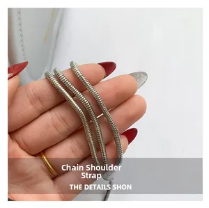 Close-up of polished silver snake bone chain strap for stylish crossbody handbag