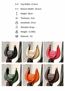 Tableau des tailles avec dimensions et six options de couleurs pour le sac demi-lune