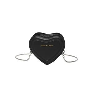 Chic black heart-shaped crossbody bag with silver snake chain and gold lettering
