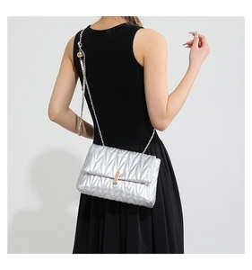 Close-up of silver quilted shoulder bag with gold metal buckle and adjustable chain strap