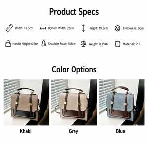 Detailed comparison of vintage PU leather crossbody bags in khaki, gray, and blue colors