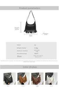 Tableau des tailles et vue multicouleur du sac hobo minimaliste en simili cuir à franges