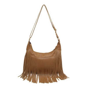 Sac bandoulière bohème marron caramel à franges avec bandoulière réglable en similicuir
