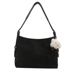 Minimalist black matte suede tote bag with a cute white cloud plush pendant accessory