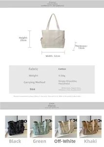 Detailed size chart and color options for large canvas checkered tote bag with 32cm width
