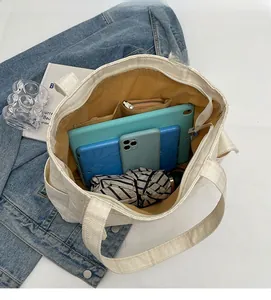Top view of large canvas tote bag interior with multiple pockets and storage space