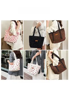 Collage of model carrying various strawberry corduroy tote bags in different colors