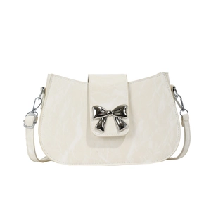 Mini borsa a tracolla crema in pelle plissettata con fibbia a fiocco argento