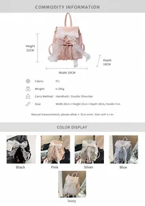 Detailed size specifications and color comparison of bow-knot PU mini backpack
