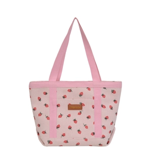 Pink corduroy tote bag with strawberry prints and large capacity for casual daily wear