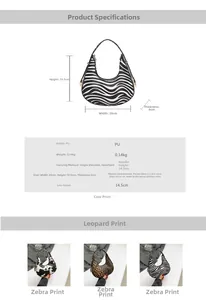 Detailed dimension guide and color options for the zebra print crescent shoulder bag