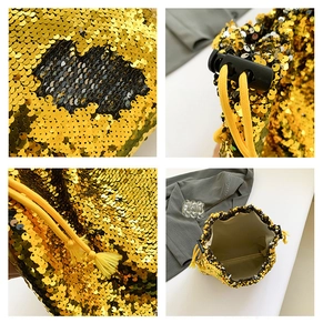 Details von gold-schwarzen Wendepailletten-Beutel mit verstellbarem Kordelzugverschluss