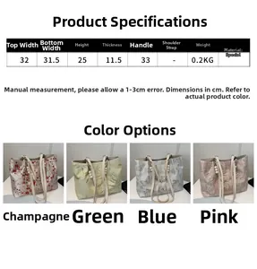 Size chart and color options for large capacity jacquard tote bag with pearl handle
