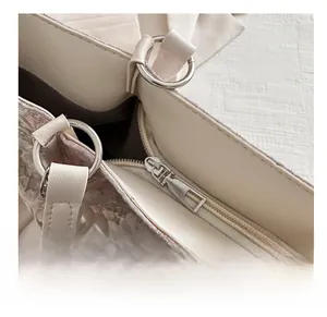 Detail of smooth metal zipper and lace floral texture on Chinese style tote bag
