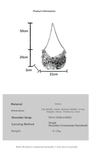 Detailed size chart and dimensions of the silver sequin chain bag in soft velvet