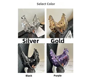 Detailed grid view of sequined hobo bags in silver, gold, black, and purple with chain strap