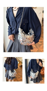 Detailed views of a silver sequin shoulder bag with chain strap styled on a model