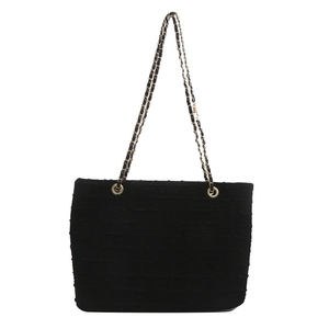 Classic black quilted tote bag with golden metal chain strap and woven texture surface