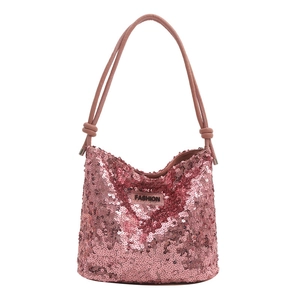 Rosafarbene Pailletten-Beuteltasche für Damen mit Fashion-Label und Knotendetails
