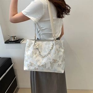 Large Chinese embroidery tote bag with butterfly patterns and pearl chain strap