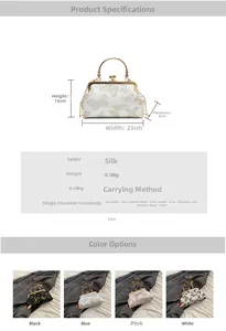 Detailed chart showing silk evening bag dimensions and four available color options