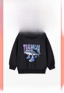 Detail of shark print and ribbed round neck on children's black long-sleeve sweatshirt