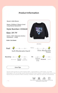 Detail view of boys' shark graphic fleece sweatshirt with material and care specifications