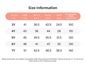 Detailed size chart for girls' Christmas sweatshirt with length and bust measurements