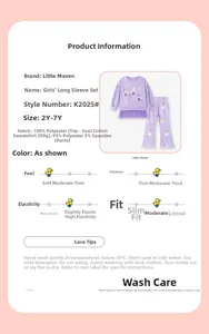 Size guide and material details for girls' purple set with ballet girl print