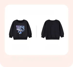 Detailed front and back views of a black shark print boys sweatshirt with ribbed cuffs