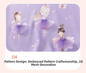 Detail of girls purple top with digital printing and 3D tulle ballet skirt appliqué