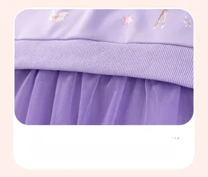 Close-up of girls' purple knit hem with butterfly print and tiered tulle mesh detail