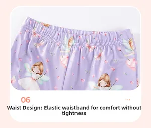 Detail of elastic waistband on purple girls' pants with delicate fairy and heart prints