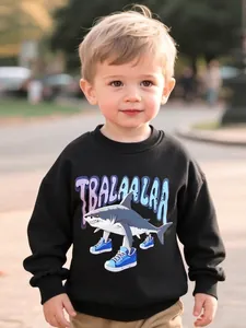 Boys Casual Cartoon Shark Printed Fleece Sweatshirt Warm Long Sleeve Crew Neck Top For Kids Autumn Winter Clothing