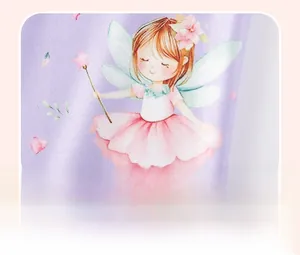 Detail of cute fairy print on light purple girls long sleeve cotton sweatshirt fabric