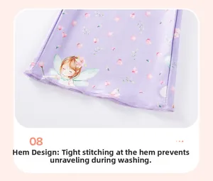 Detail of purple girls' pants with fairy prints and durable reinforced stitching