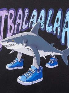 Cartoon shark print on navy blue toddler hoodie with vibrant gradient lettering details