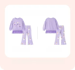 Front and back view of girls' light purple long-sleeve set with mesh hem and fairy pattern