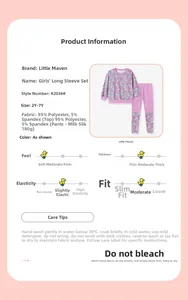 Detailed fabric specification for purple bunny print girls' outfit showing 95% polyester blend